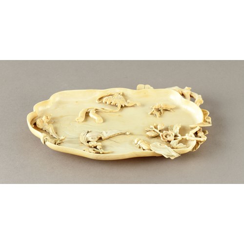 Chinese Ivory Tray of Loquat Form Naturalistically Carved in High Relief